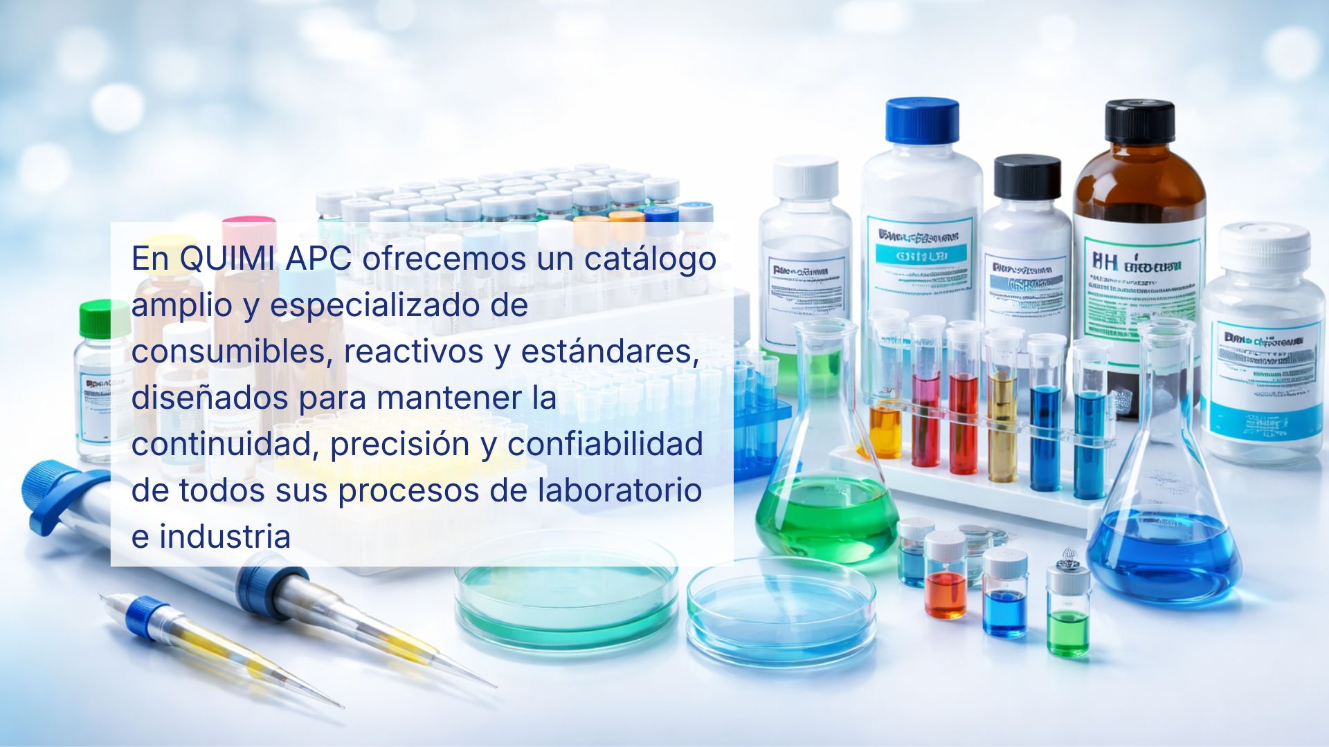 En QUIMIAPC ofrecemos un catálogo amplio y especializado de consumibles, reactivos y estàndaraes, diseñado para mantener la continuidad,precisión y confiabilidad de todos sus procesos de laborator